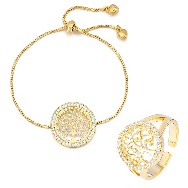 Orecchini Collana Set di gioielli da donna alla moda Oro argentato Albero della vita Ciondolo Braccialetto con ciondoli Anello da dito Accessori per regali femminili