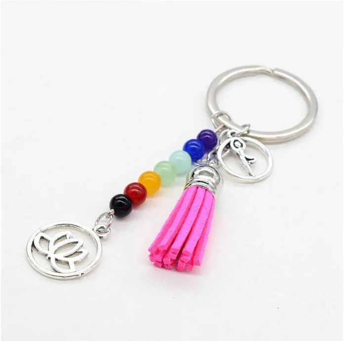 일곱 차크라 스톤 Tassel Keychain 펜던트 연꽃 reiki 치유 요가 자연 보석 페르시 키 체인 크리 에이 티브 키링