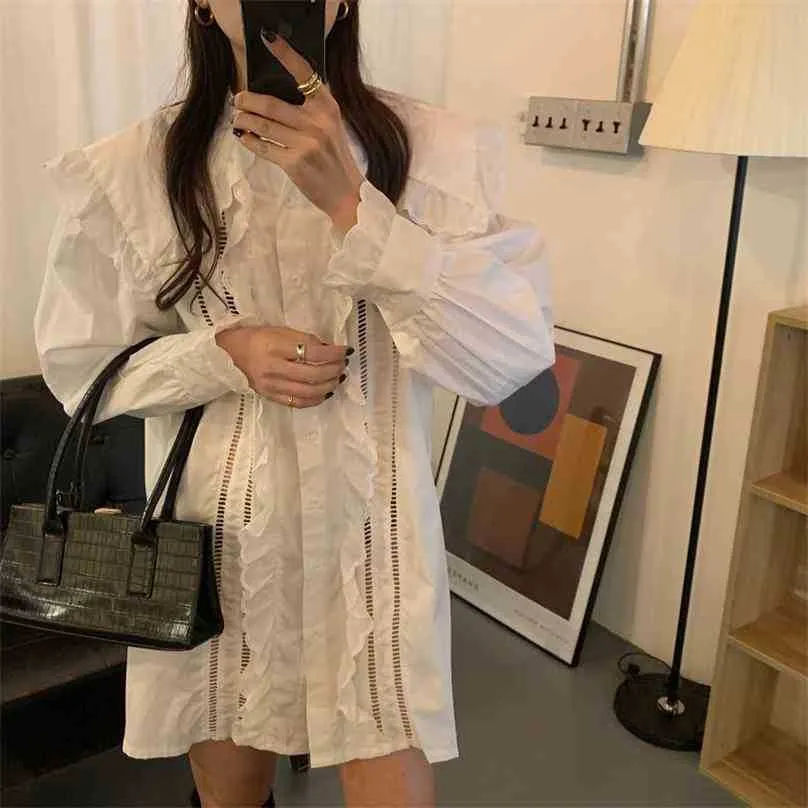 Fashion Korean Loose Design Solid Patchwork Pleated Big Collar Drawstring Lace Hollow Casual MIni Dress 210525