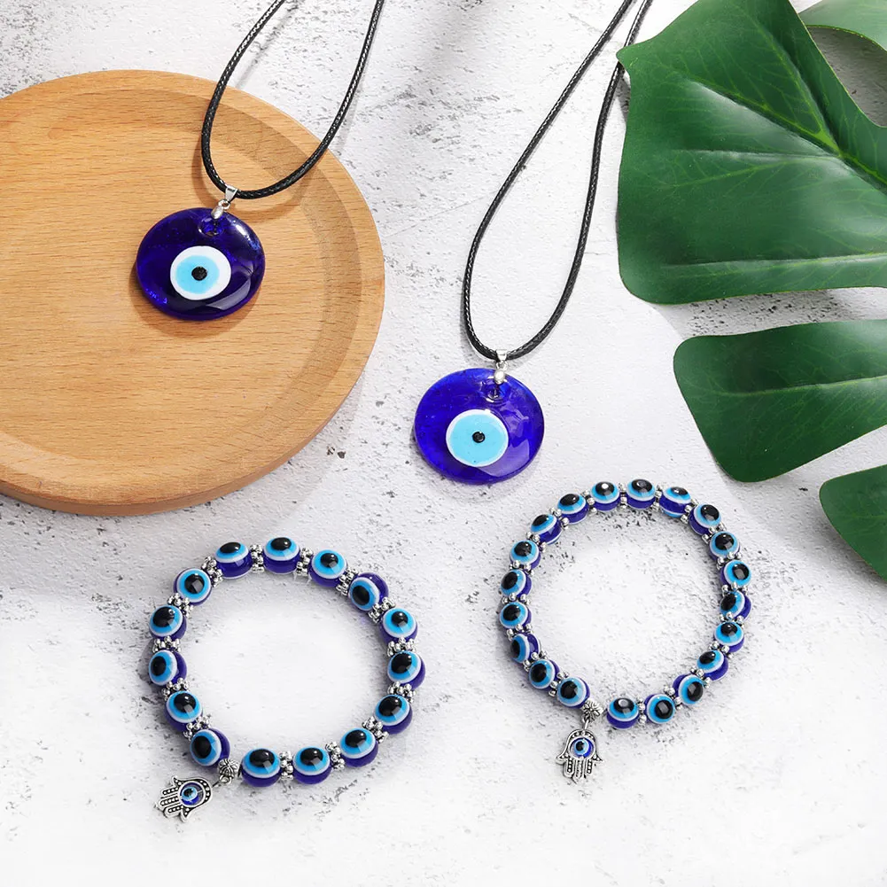 Antique Deep Sea Blue Evil Eye Pendant Necklace Turkish Choker Glass Eyes Leather Rope Chain Jewelry Gift