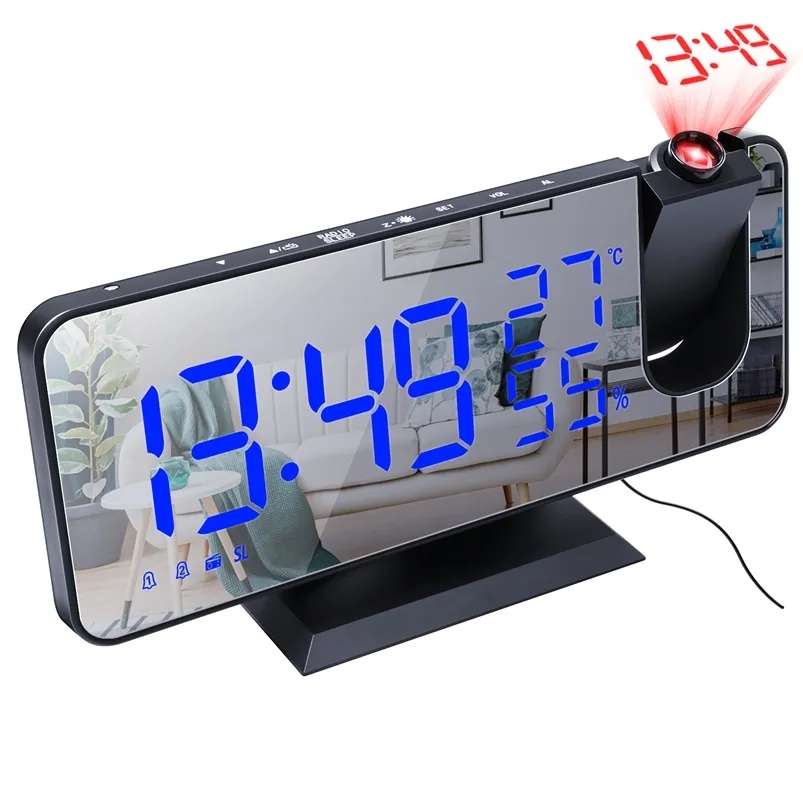 Elektronische wekker Digitale plafondprojector met thermometer kalender LED USB FM-radio voor SNOOZE-projectie-functie 210804
