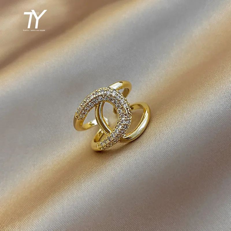 Metal Zircon Cross Gold Open Rings Fashion Korean Jewelry For Woman Luxury Wedding Party Girl's finger Unusual Ring
