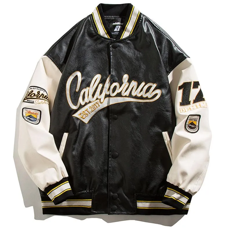 Jaquetas masculinas Hip Hop Jaqueta de couro de beisebol Casaco Patchwork Japonês Streetwear Varsity College Moda Retrô Harajuku Motocicleta