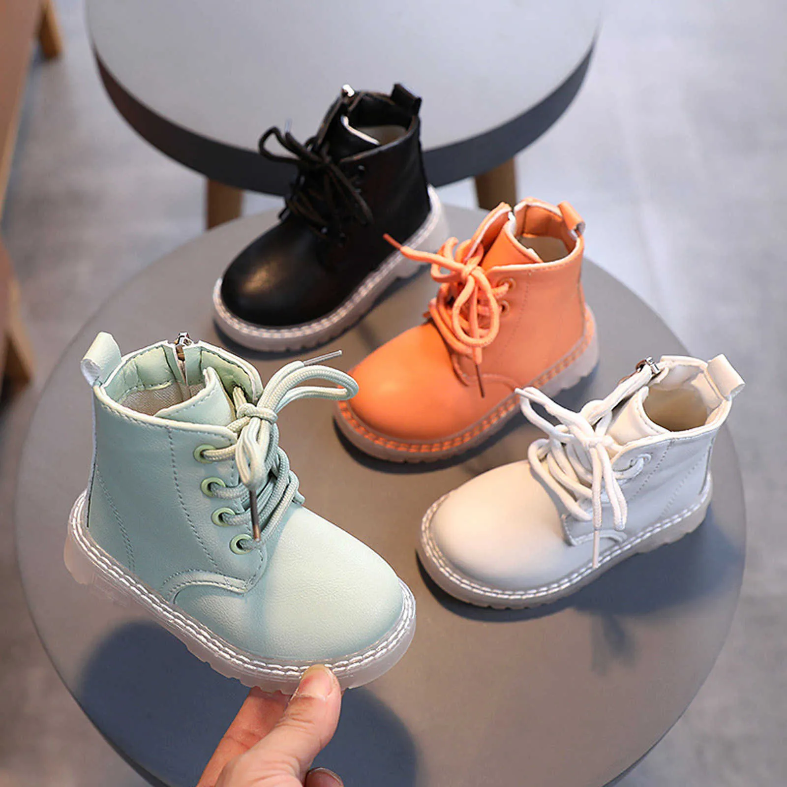 4 Colors Infant Baby Girls Boys Martin Boots Solid Color Side Zipper Lace Up Shoes Outfits 0-3y G1023