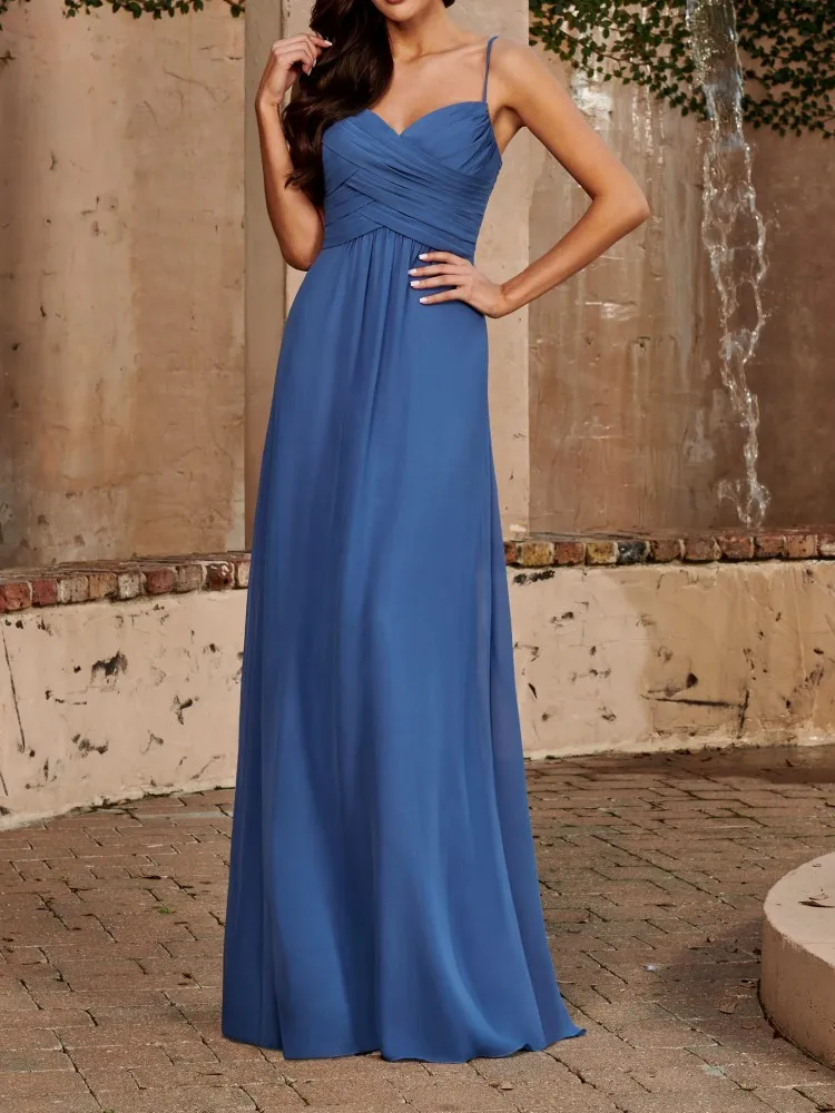 Chic Aline Chiffon Dusty Blue Chiffon Dress with Draped Bodice, Detachable Spaghetti Straps