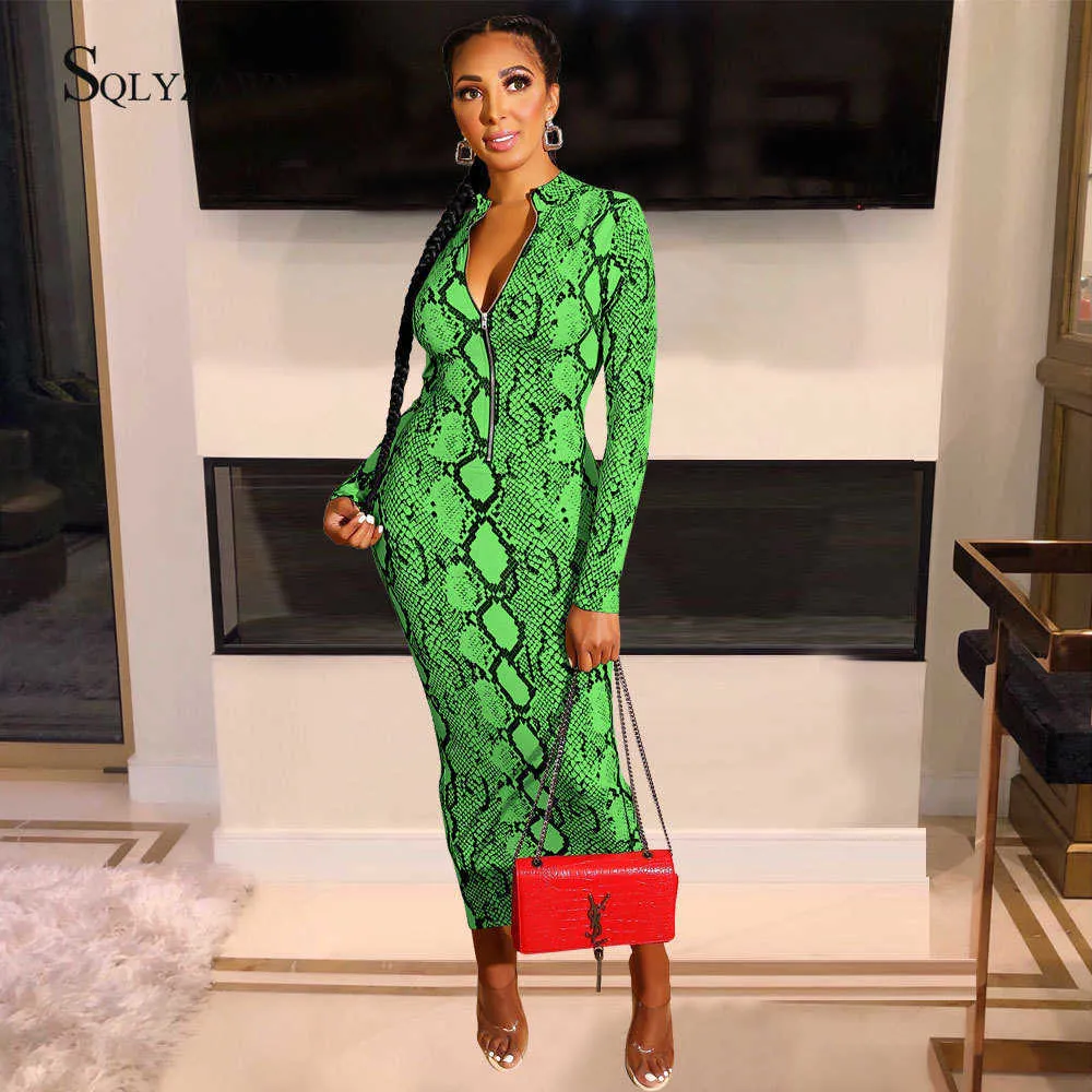 Sexy Green Red Snake Print Bodycon Long Dress Long Sleeve Zipper Women Autumn Evening Party Night Dress Vintage Vestidos Outfits 210709