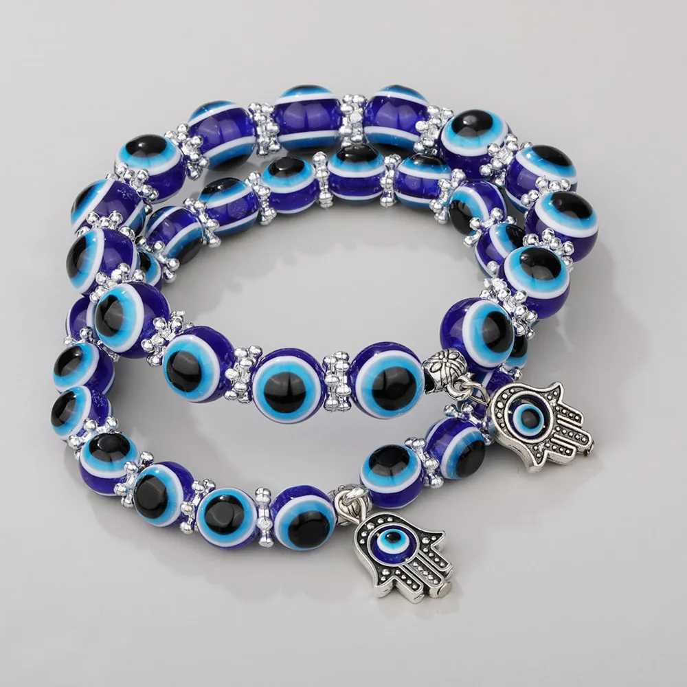 Mode Silber Farbe Strang Armband Evil Blue Eye Hand Palm Armbänder für Frauen Perlen Kette Vintage-Schmuck Weibliche Geschenke