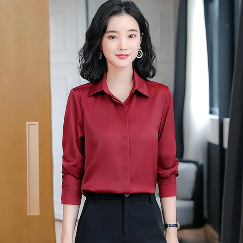 Camicia Raso Donna Con Scollo A V – Maniche Lunghe, Elegante Per Ufficio E Tempo Libero