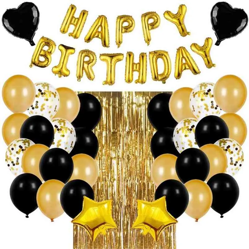 Golden 16 "Happy Birthday Letra Balão Set Black Balloon Lantejoulas Partido Prom Supplies Set Definição De Festa De Aniversário Decoração Balão Set 210719