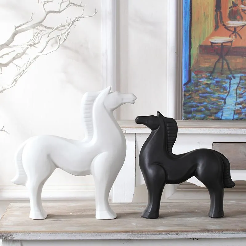 Decorative Objects & Figurines White Black Ceramic Horse War Home Decor Crafts Room Decoration Ornament Porcelain Animal Decorations