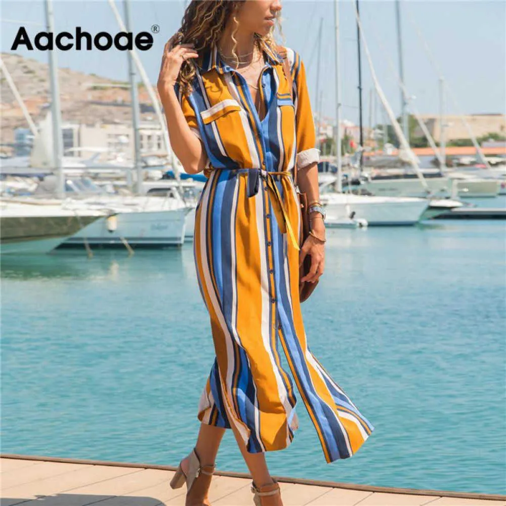 Aachoae Turn Down Collar Office Dames Streep Shirt Jurk Lange Boho Strandjurk Casual Lange Mouw Elegante Party Jurk Vestidos 210719