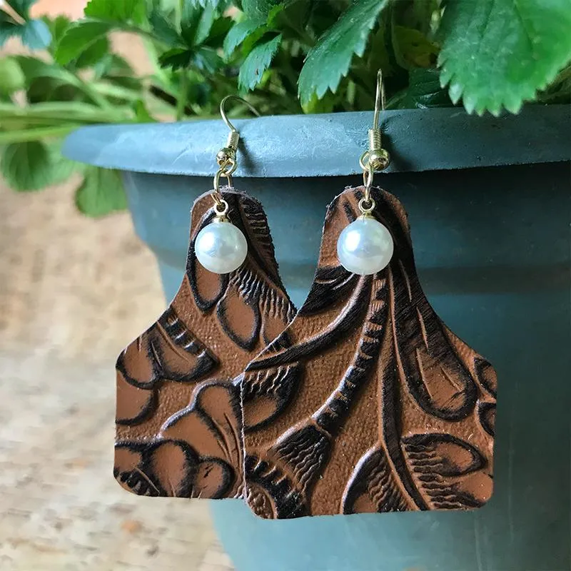 Cow Tag Pearl Embossed Leather Earrings for Women Vintage Boho Western Style Jewelry Cowgirl Handmade Genuine Cowhide Leather