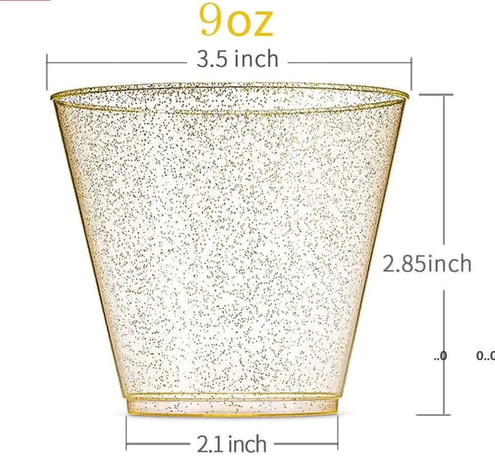 9 oz 270ml Tek Kullanımlık Kalın Su Kupası Altın Toz Şarap Cam Viski Plastik Suyu Tatlı Musu Bardaklar RRE10560