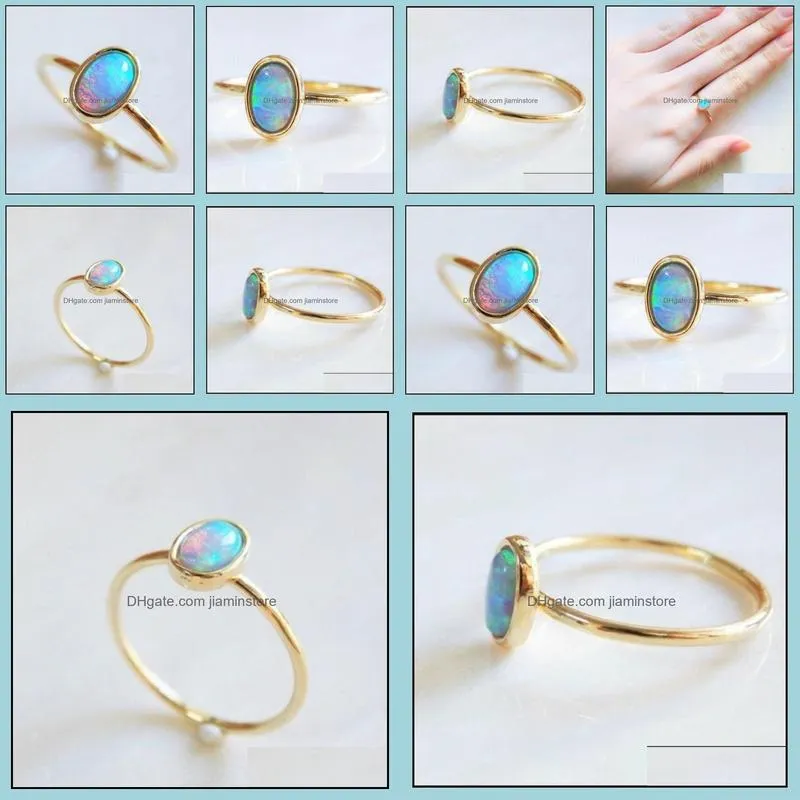 Wedding Rings Vintage Female Big Oval Blue Opal Ring Charm Yellow Gold Color For Women Luxury Bride Zircon Stone Engagement