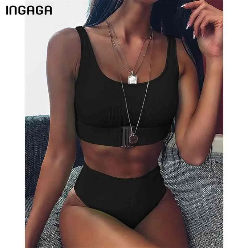 Ingaga Alto Cintura Biquíni Swimwear Mulheres Bandeau Push Up Swimsuit Feamle Buckle Set Black Beach Wear Bathing Suit 210722