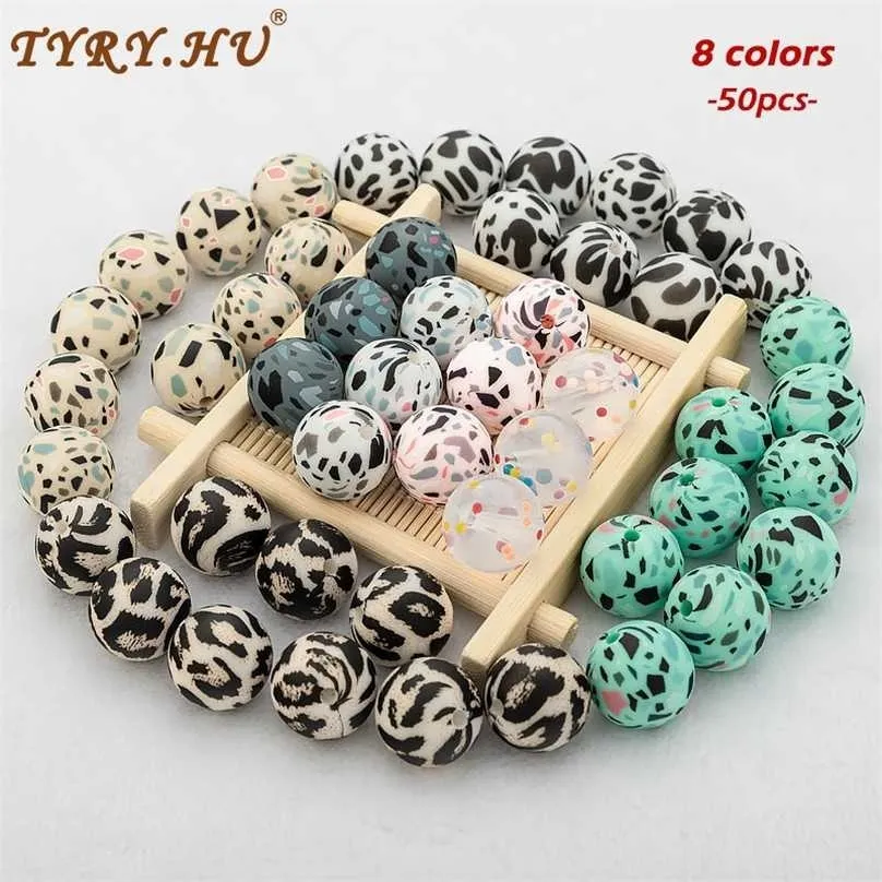 50st Silikonpärlor Leopardtryck 12 / 15mm Baby Teether Tanding Terrazzo DIY Smycken BPA Gratis Pacifier Clip Making 211106