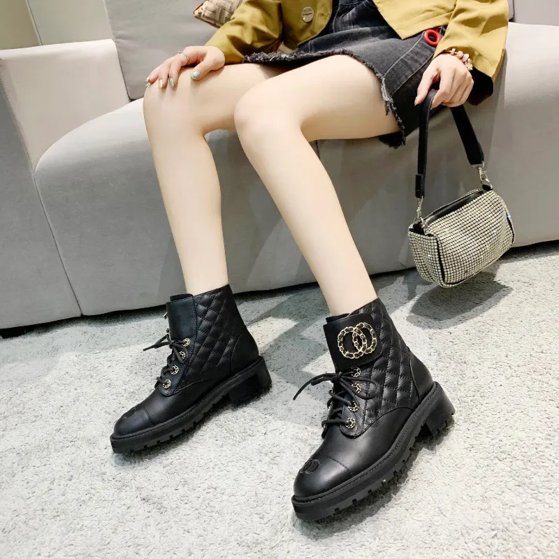 Interlocking Black Ankle Biker Chunky Platform Flats Combat Boots