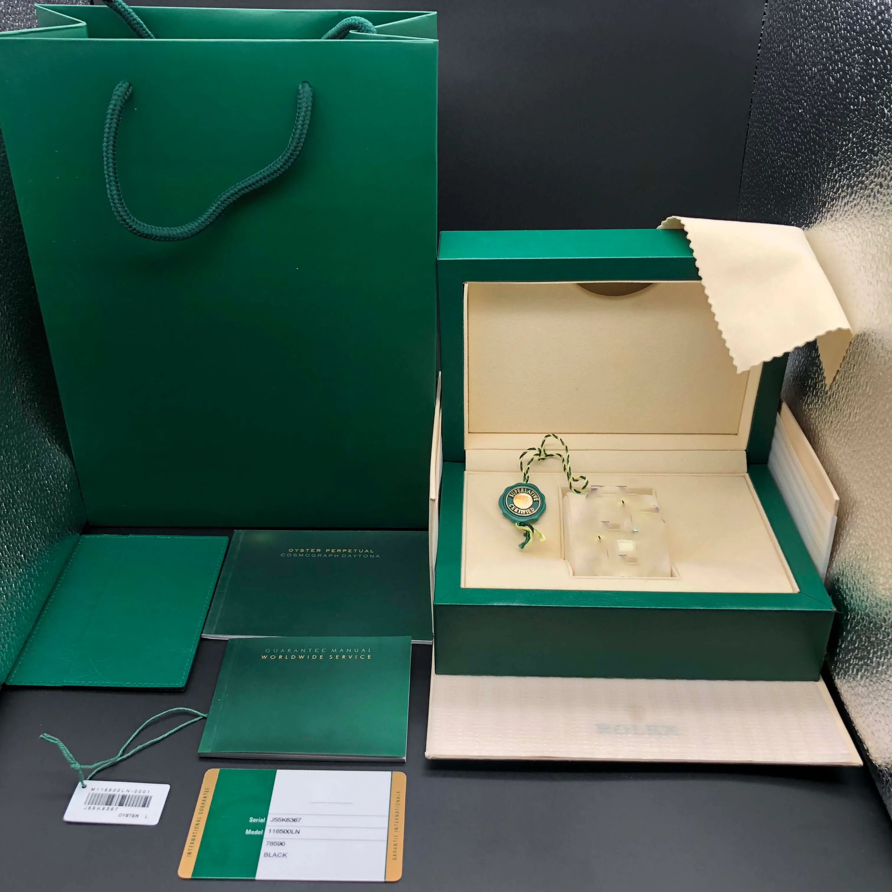 オリジナルの正しいマッチングペーパーセキュリティカードギフトバッグトップ緑のウッドウォッチボックスロレックスボックス小冊子腕時計プリントカスタムカード