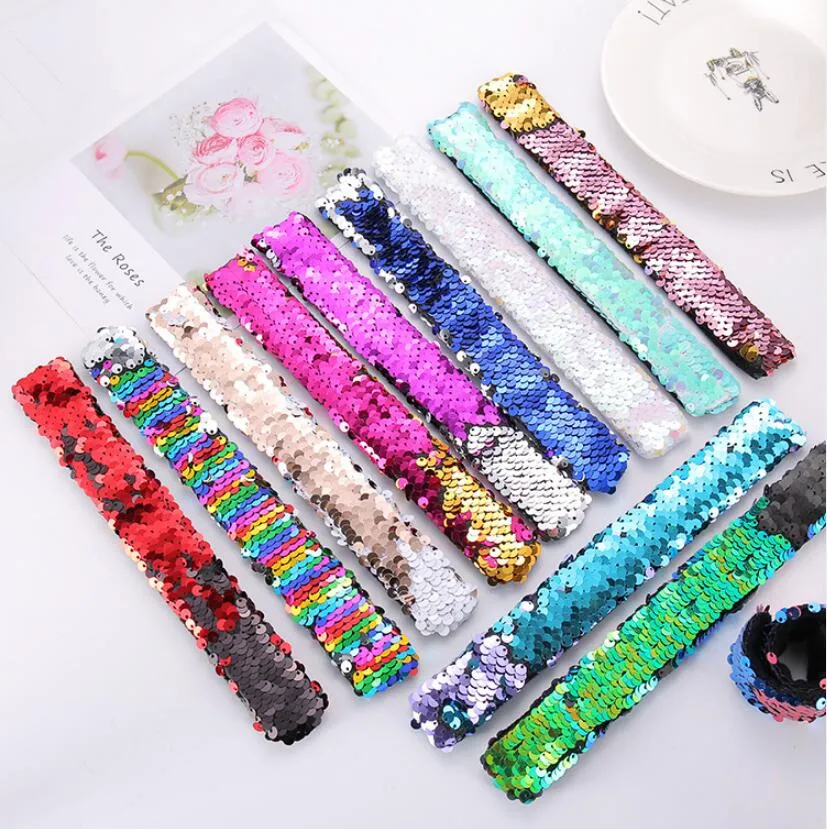Mermaid Slap Armband Doulble Colors Sequins Girls Wristband Sequined Hairband Glitter Ponytail Holder Kids Party Favorites 11 Designs