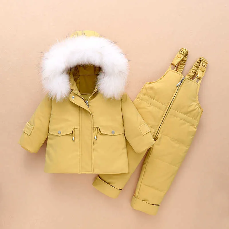Doudoune d'hiver pour enfants avec grande fourrure à capuche vêtements d'hiver salopette couleur unie neige enfants mode nouveau-né bébé combinaison H0909