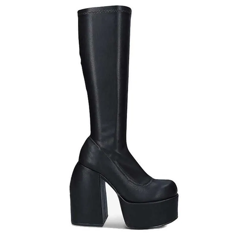 punk stil höst vinter stövlar elastiska mikrofiber skor kvinna fotled stövlar högklackat svart tjock plattform långa knä höga stövlar 210821