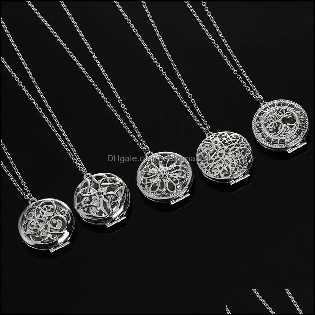 New Essential Oil Diffuser Necklaces Hollow flowers open Locket Pendant Long chains For women Aromatherapy Fashion Jewelry Gift