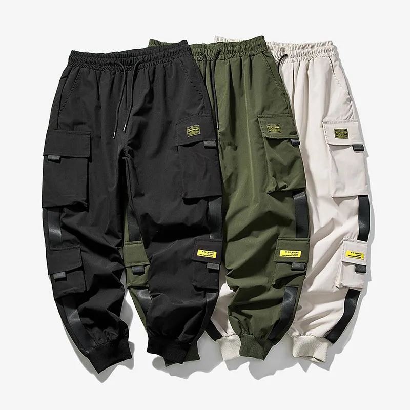 Hip Hop Harem Joggers Cargo Pants for Men with Multi-Pockets Ribbons Man Sweatpants Streetwear Casual Mens S-5XL