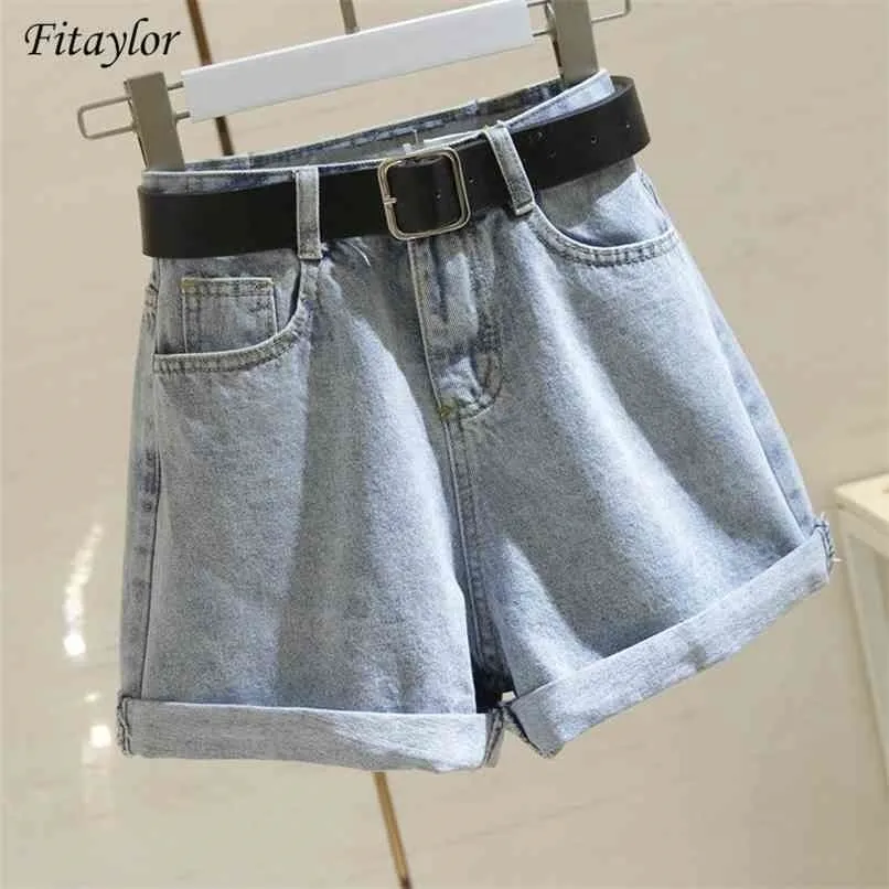 Fitaylor streetwear hoge taille vrouwen blauwe denim shorts met riem zomer casual vrouwelijke wijde been plus size 2XL jeans 210724