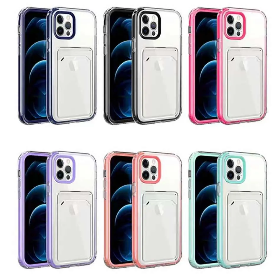 Anti Drop Airbag Card Slot Casos Claro para iPhone 13 12 Mini 11 Pro Max X XS XR 7 8 Mais Câmera Proteção Choque Absoption Dual Layer Hybrid TPU PC Transparente Telefone Capa A