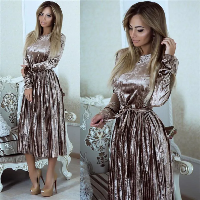 Susi&Rita Vintage Long Sleeve Velvet Dress Women 2019 Bodycon Belted Midi Dress Spring Pleated Party Dresses Vestidos Robe Femme X0521