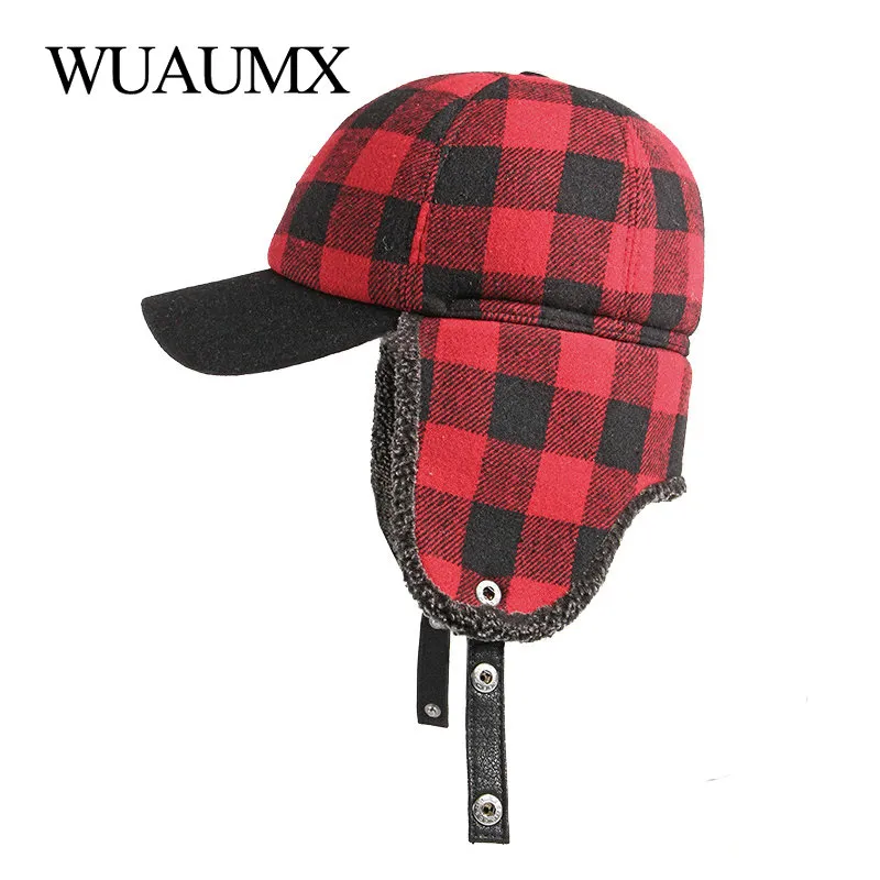 Winter Bomber Hats Heren Thicken Russian Trapper Hoed Oorflap Baseball Cap Red Black Plaid Winddichte Bomber Hat voor Vrouwen