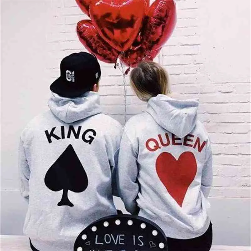 Kvinnor män flickvän pojkvän matchande älskare hoodies poker kung drottning tryck vår sweatshirts 210805