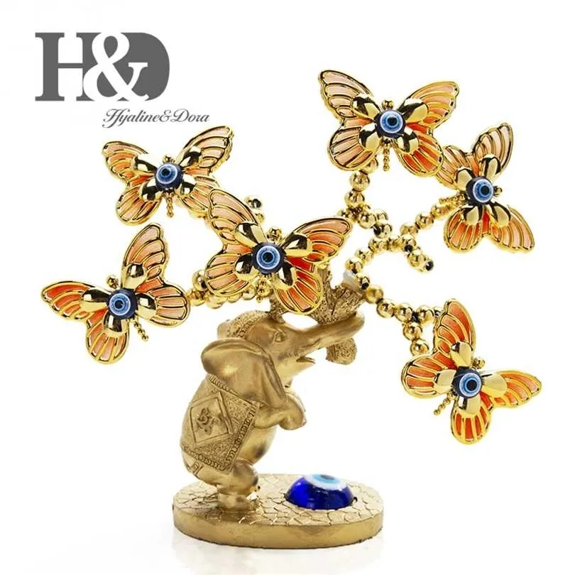 HD樹脂の象の蝶の木の置物の幸運な青い邪眼のためのお金の保護富は幸運な猫Xmas Giftの家の装飾211101