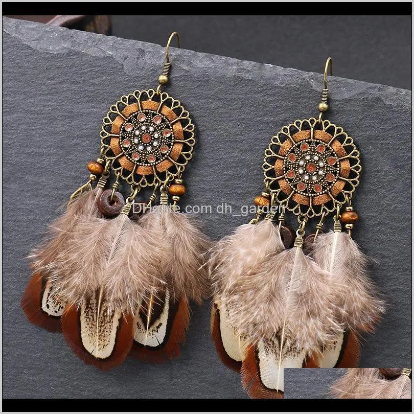 European and American new feather pendant earrings fashion round hollow woven retro earrings bohemian creative jewelry