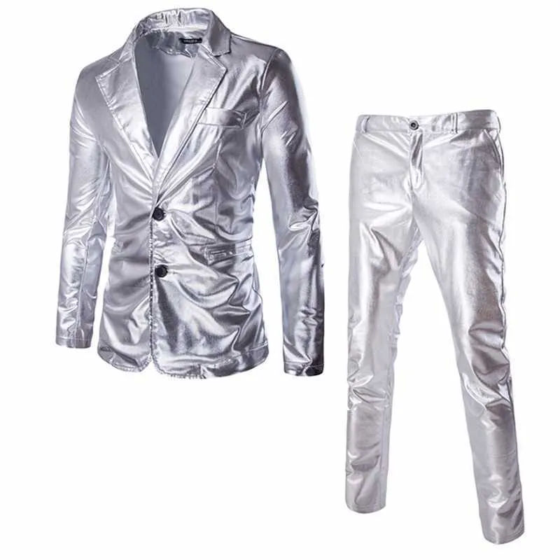 Shiny Coated Metallic Suit Blazer 2021 Luxury Brand 2 Piece Suit (Jacket+Pants) Nightclub Halloween Suits Custom Homme Silver X0909