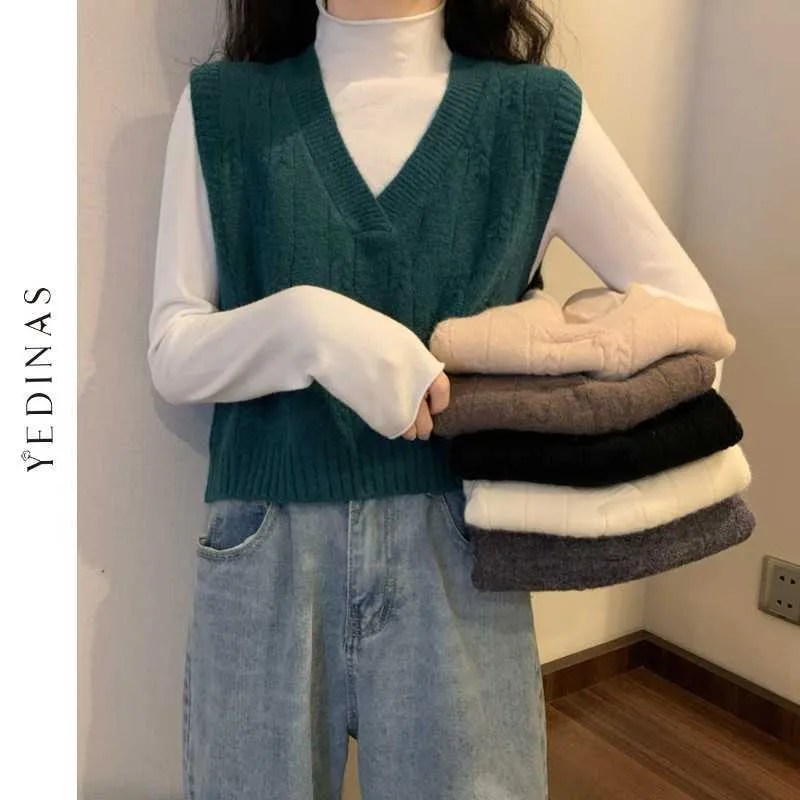 yedinasの女の子のセーターベストの女性のジャンパーVネックプルオーバーニットベストプレッピースタイル固体ノースリーブ作物トップ韓国の短い出版物210527