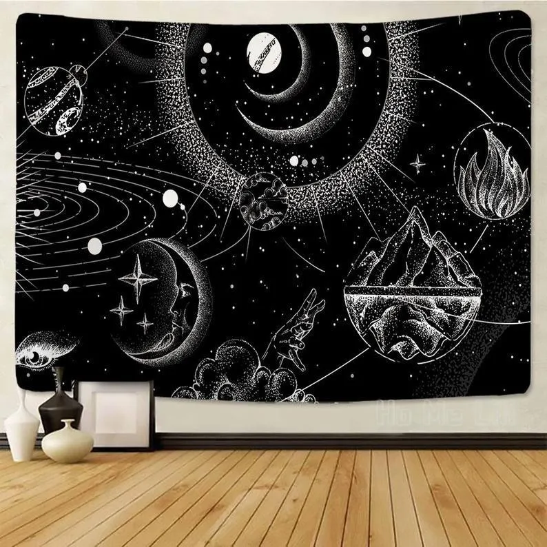 Tapestries Moon Stars Planets Black And White Wall Hanging Celestial