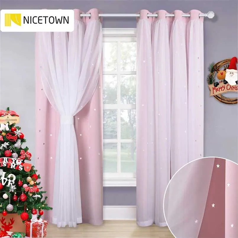 NICETOWN Beautiful Starry Princess Double Shading Dreamy Pink Blackout Curtain Drape for Girl Baby Living Room Wedding Room 211203