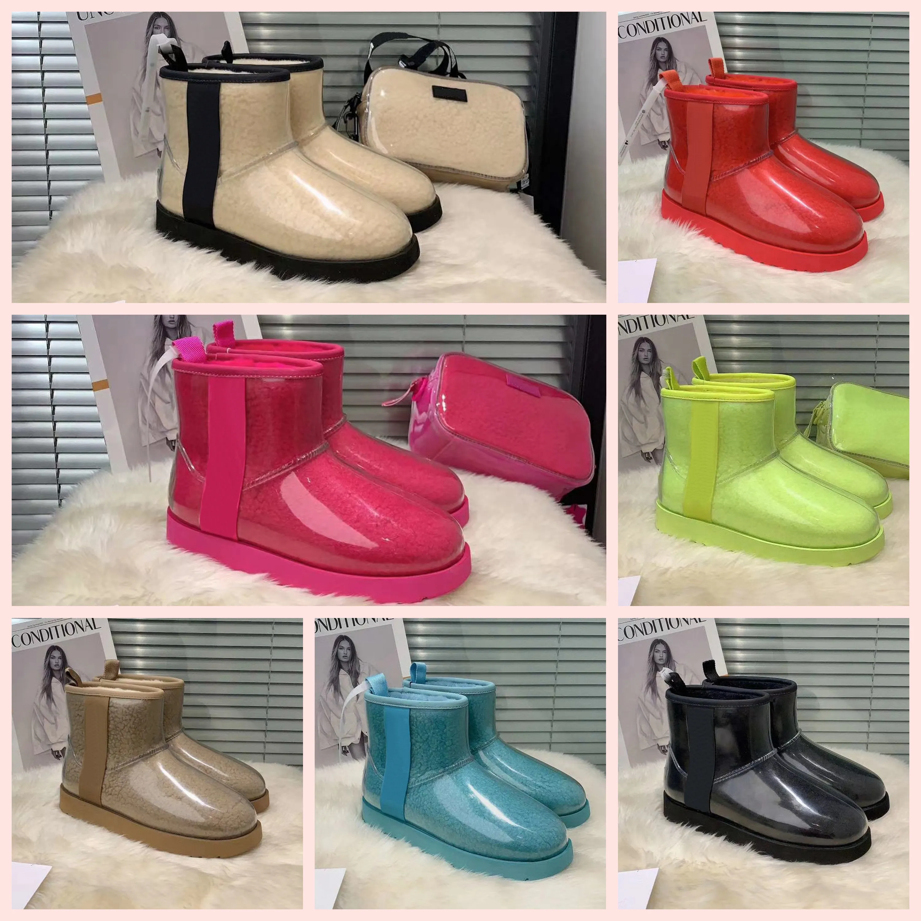 Vrouwen klassieke wintersneeuwschoenontwerpster Australi￫ Australian Clear Shoes Dames Furry Girls Satin Boot Boot Booties enkel knie kort