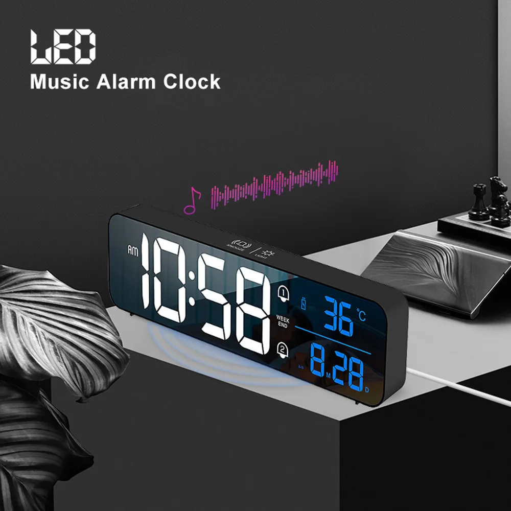 Music LED Digital Alarm Clock Temperature Date Display Desktop Mirror Clocks Home Table Decoration Electronic Clock 2000 mAh 210310