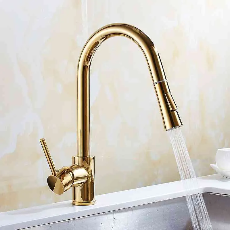 Chrome/Gold/Nickel Kitchen Faucets Silver Single Handle Pull Out Kitchen Tap Single Hole Rotating Water Mixer Tap Mixer Tap 210724