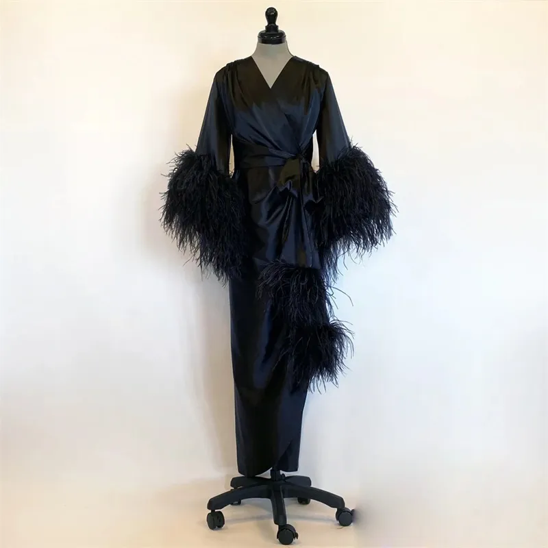Ladies Black Silk Satin Wrap Robe with Fur Trim Long Sleeve Ruffled ...