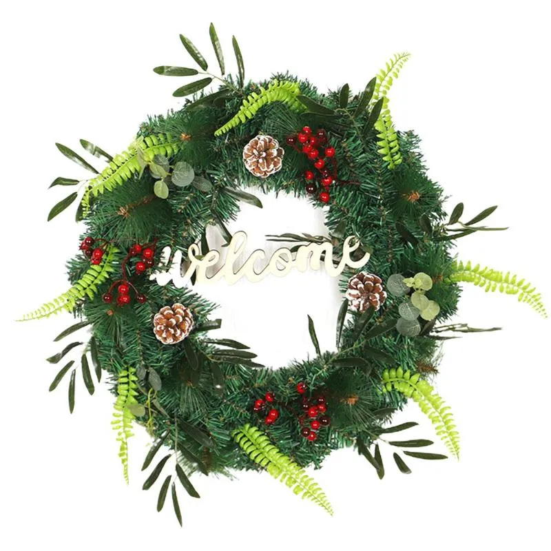 Decorative Flowers & Wreaths PVC Christmas Wreath Olive Branch Pine Needles Cone Mixed Decoration Door Hanging Luminous Red Fruit