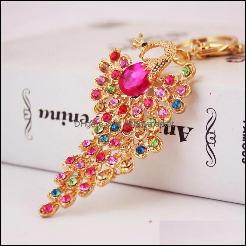 Newest Fashion Keychain 3pcs Colorful Rhinestone Crystal Paved Animal Beauty Peacock Key Chain Hanging Women Car Key Rings 473C3