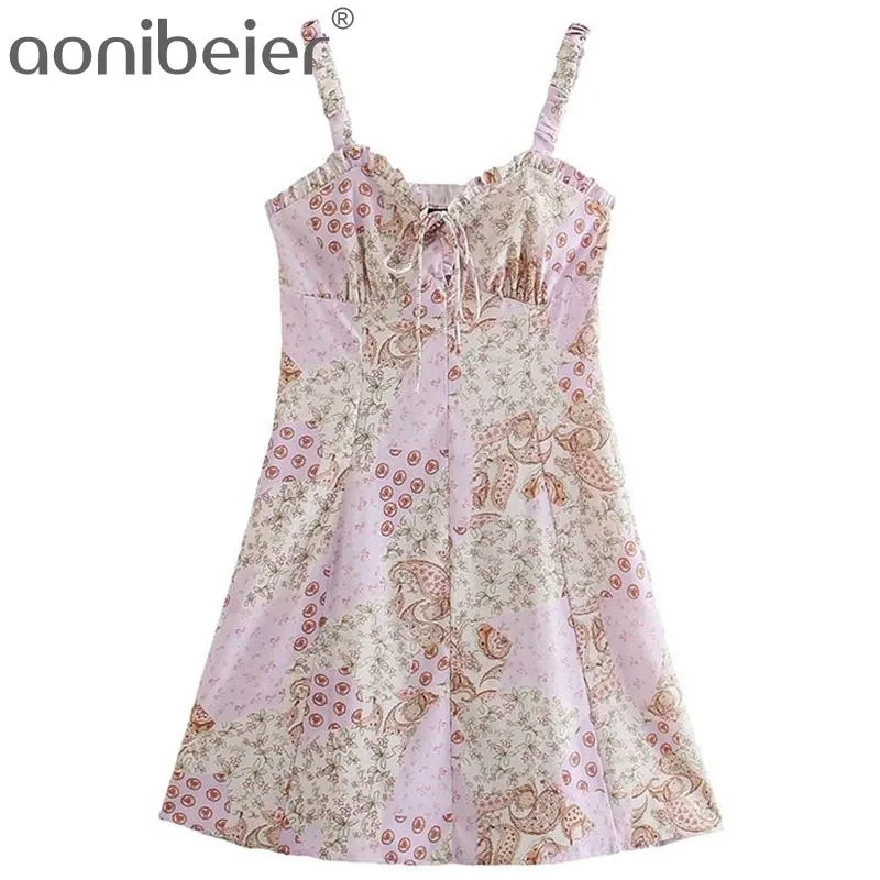 Sweetheart Mini Dress Summer Sleeveless Lettuce Trim Tie Front Women Casual High Waist Printed Cami Female 210604