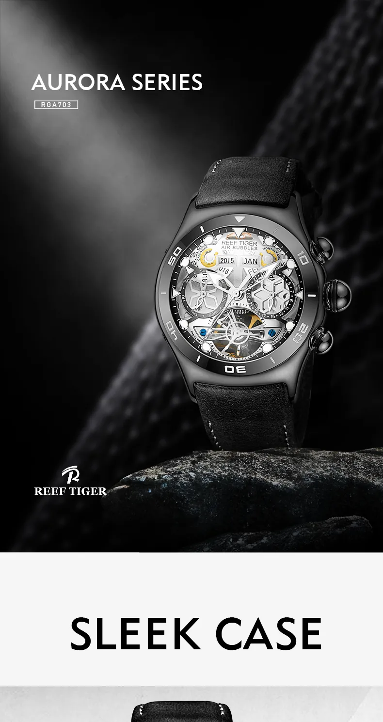 Reef Tiger Mens Sport Watches Skeleton Dial And Hands Year Month Date Day Luminous Black Steel Automatic Watch RGA703 From 398 08 DHgate