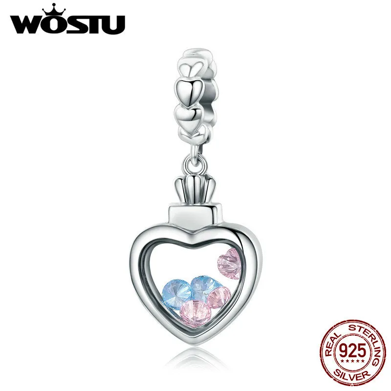 WOSTU Authentique 925 Sterling Silver Couleur Ronde CZ Pierre à l'intérieur de la boîte à mémoire Pendentif Coeur Fit pour Bracelet Femme Collier CQC588 Q0531