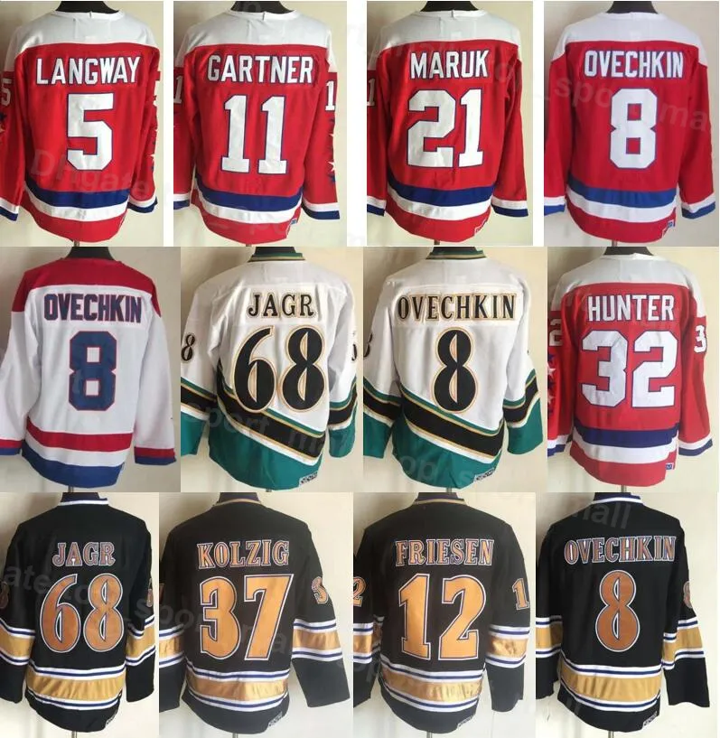 Hommes Vintage Retro Hockey sur glace 5 Rod Langway Jersey 8 Alex Alexander 21 Dennis Maruk 11 Mike Gartner 32 Dale Hunter 68 Jaromir Jagr 12 Jeff Friesen 37 Kolzig Sport ShouDu