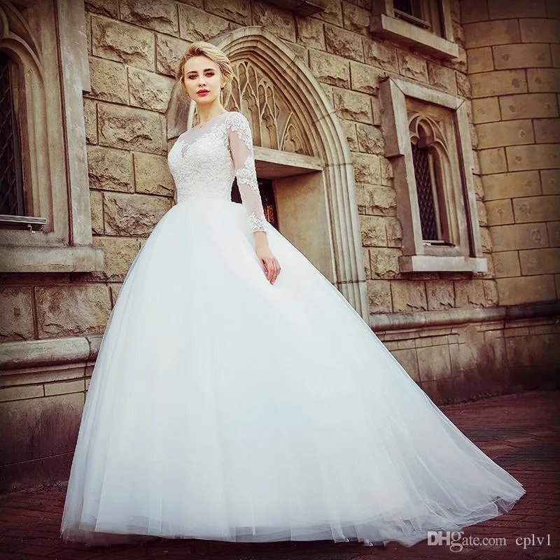 Ball Gown Lace Wedding Dresses Long Sleeves With Sash Applique Jewel Neck Count Train Bridal Gowns