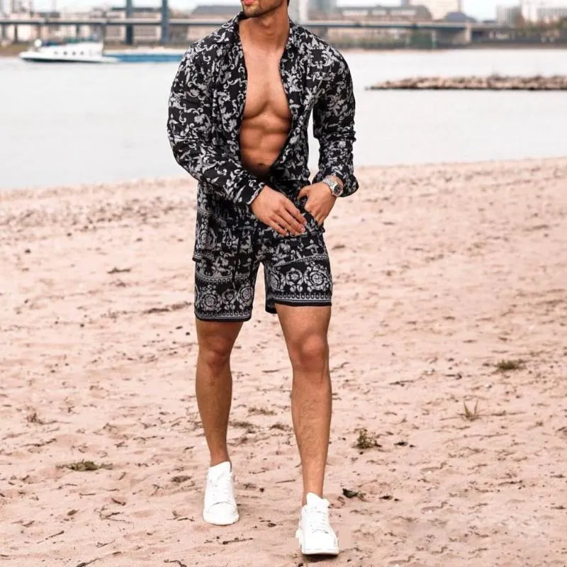 Homens Tracksuits Moda Homens Define Verão 2021 Lapela Impressão de Manga Longa Camisas Curtas Calças Casuais Juventude Slim Beach Suit Mens Trend Roupas